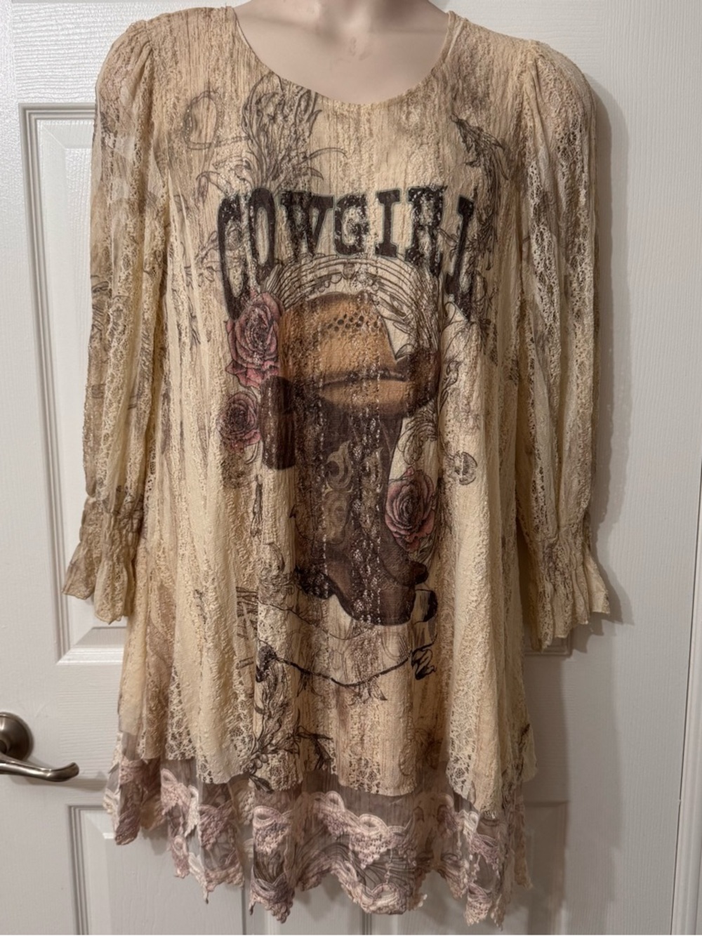 Origami Fashion Vivien Cowgirl Tunic Top with Embroidered Lace Hem Size XL Rodeo - Picture 2 of 13